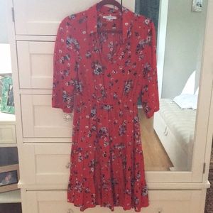Red floral tier midi dress